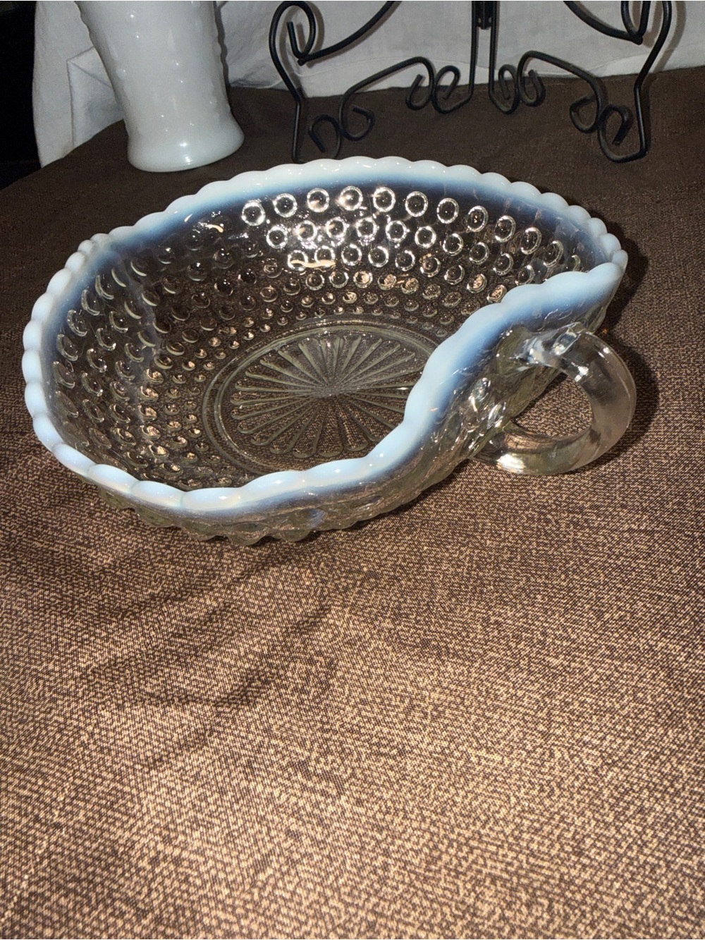 Vintage Hobnail Opalescent Milk Glass Handled Berry Bowl - Picture 4 of 6